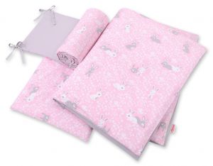Double-sided bedding set 3-pcs  - pink rabbits/gray